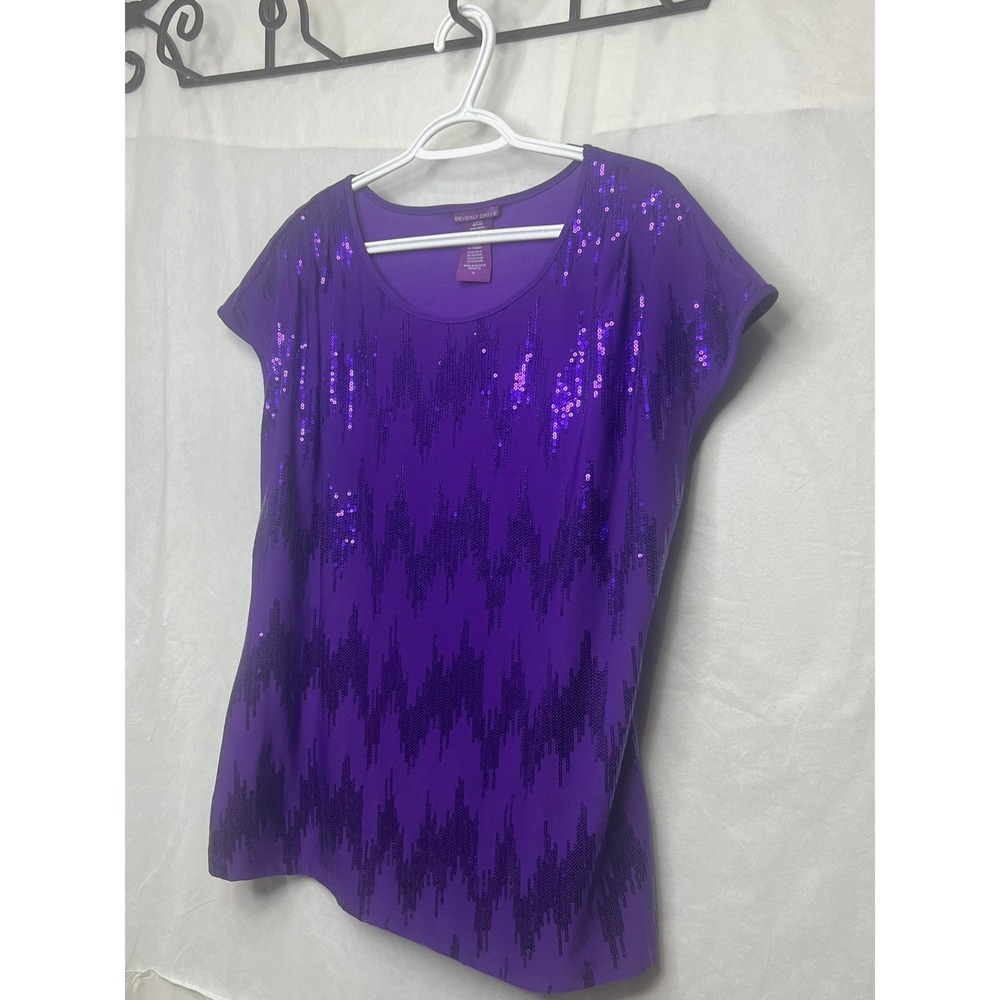 Beverly Drive Purple Sequin Zig Zag Top Blouse Plus 1X Short Sleeve Scoop Neck